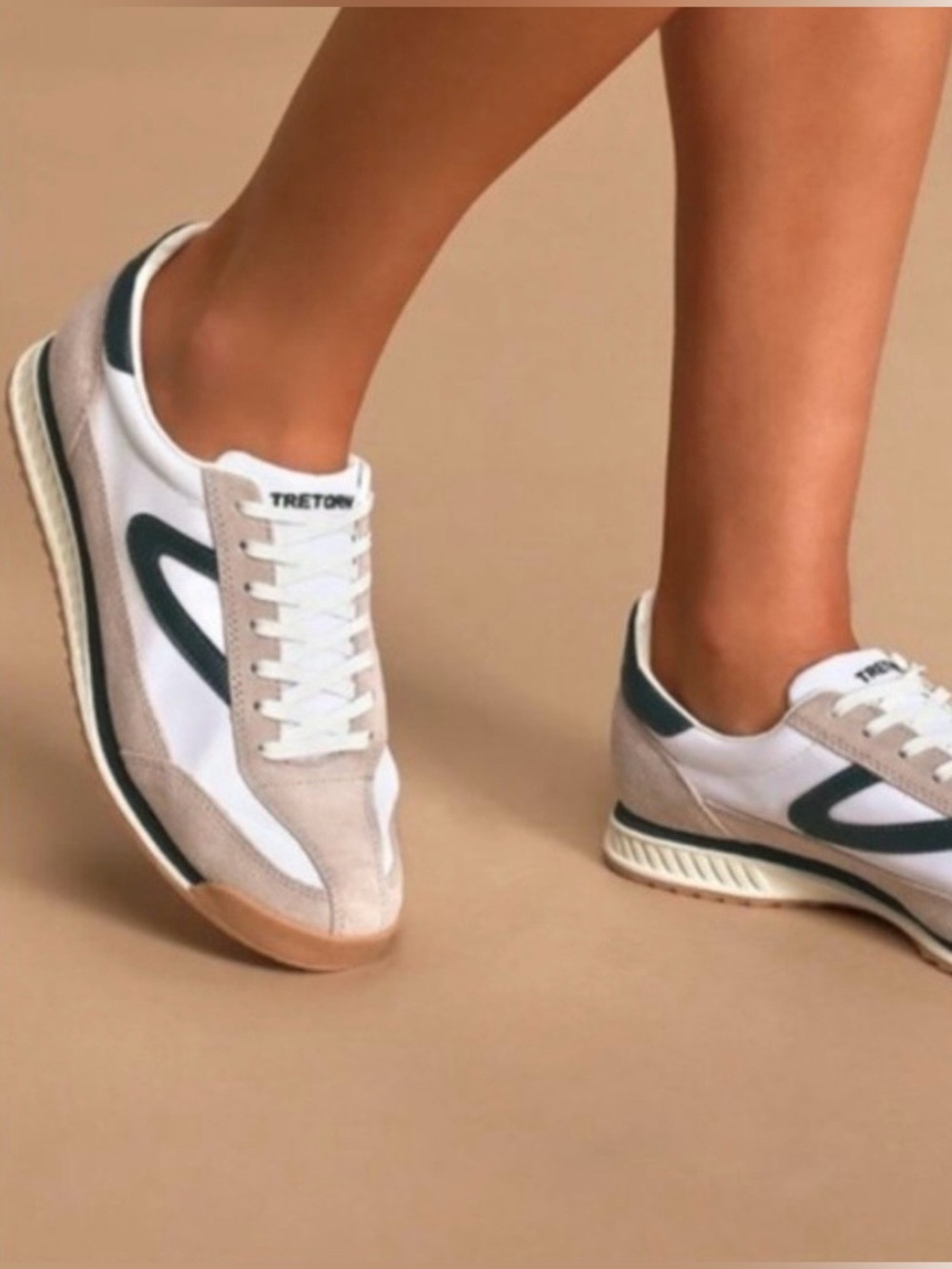 TRETORN, Rowlins Low-Top Sneakers in White, Beige & Dark Green, Size 9